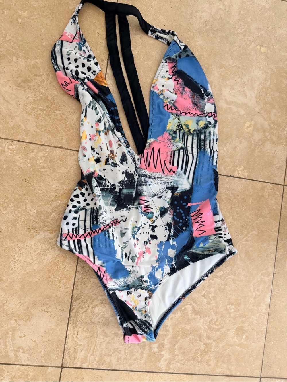 Volcom Girls Abstract Multicolor One-Piece Swimsuit - Blue, Pink, Black